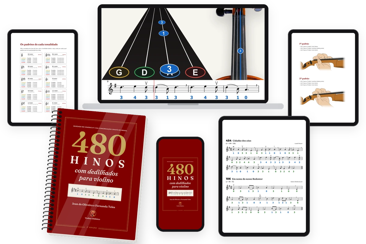 Tudo o que você recebe: o tutorial em vídeo no notebook, o hinário impresso, a capa no celular e as partituras, o guia das tonalidades e o gabarito dos padrões nos tablets