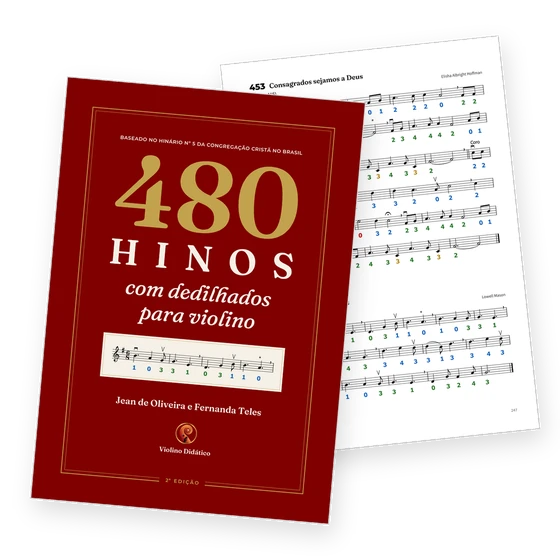 Capa do hinário dos 480 hinos com dedilhados para violino e uma página de hino com o número do dedo embaixo de cada nota
