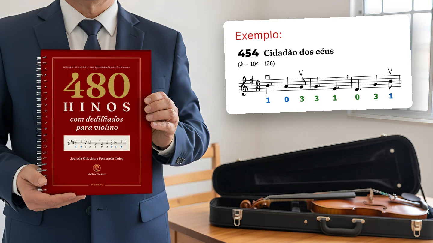 A apostila impressa dos 480 hinos com dedilhados para violino, de espiral, nas mãos de um homem de terno, e ao lado um exemplo: o hino 454, Cidadão dos céus, com o número do dedo embaixo de cada nota