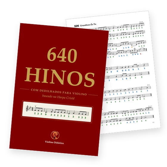 Capa do livro dos 640 hinos da Harpa Cristã com dedilhados para violino e uma página de hino com o número do dedo embaixo de cada nota