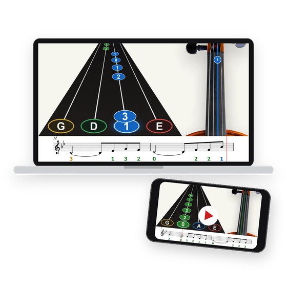 Tutorial em vídeo de um hino da Harpa aberto no notebook e no celular, com a nota descendo até o braço do violino