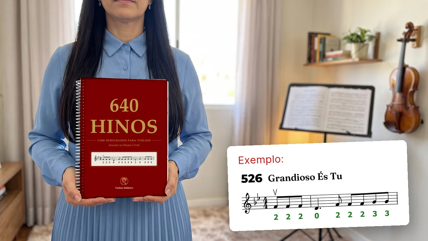 A apostila impressa dos 640 hinos da Harpa Cristã com dedilhados para violino, de espiral, nas mãos de uma irmã no cantinho do violino dela, e ao lado um exemplo: o hino 526, Grandioso És Tu, com o número do dedo embaixo de cada nota