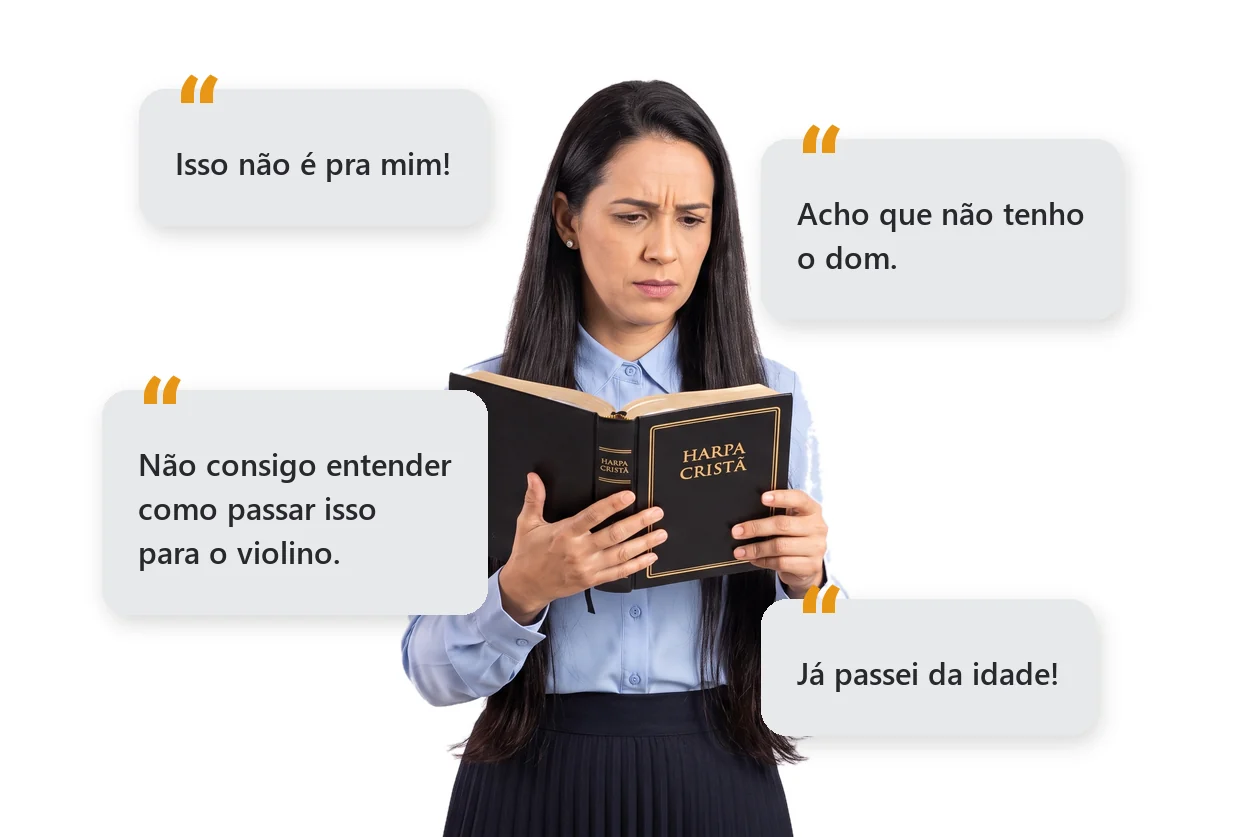 Irmã olhando a Harpa com música sem saber por onde começar, com pensamentos negativos