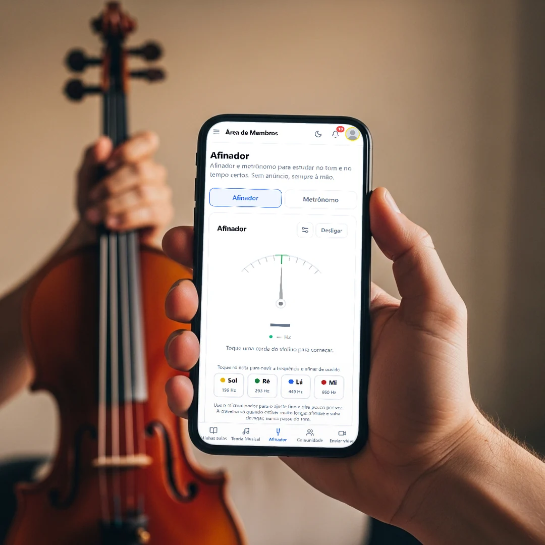 Afinador do Violino Didático aberto no celular, com o violino ao lado