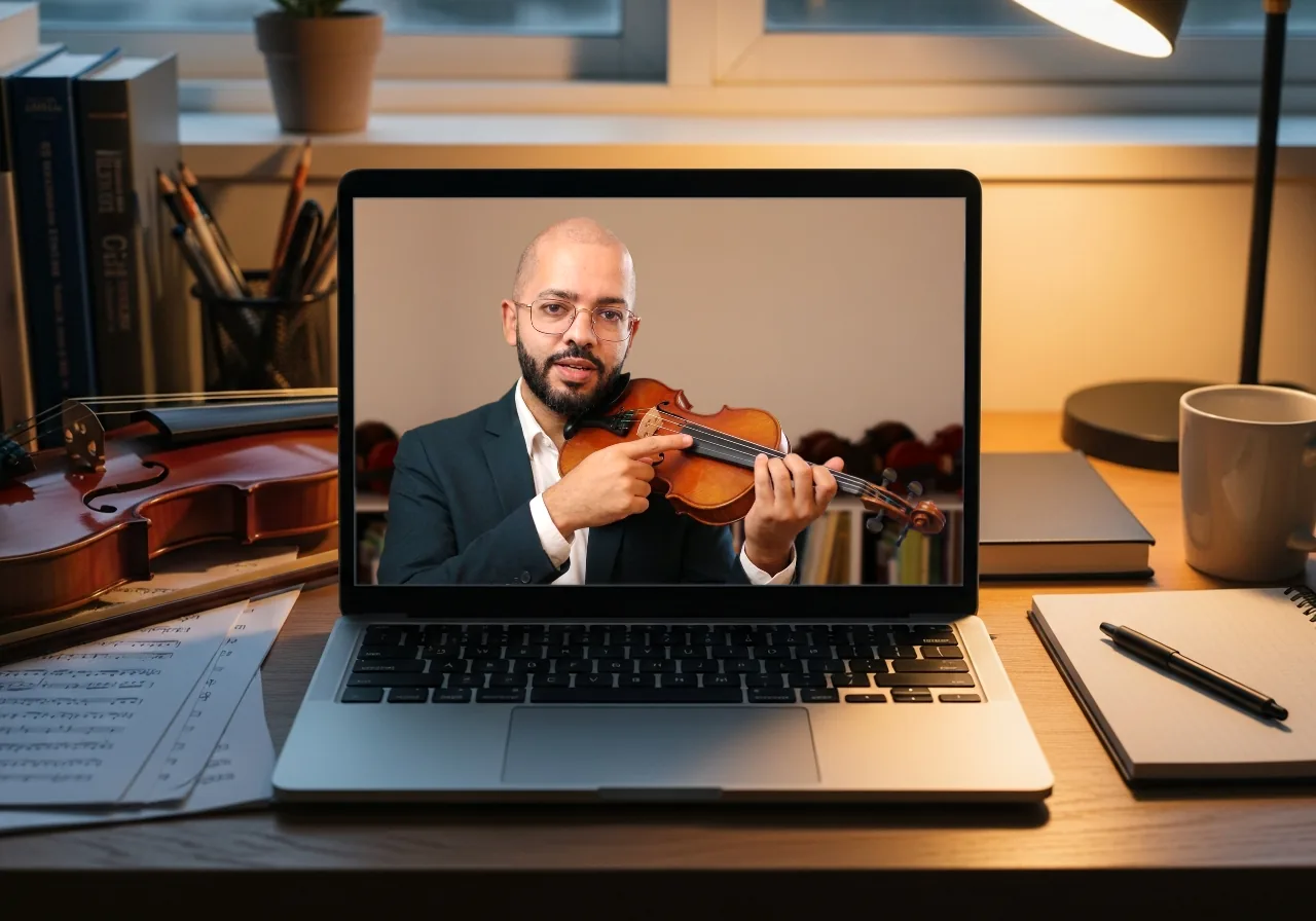 Aula do professor Jean de Oliveira na tela de um notebook, com o violino na mão