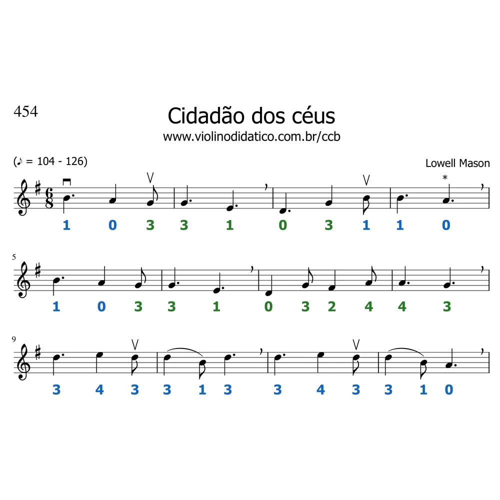Primeiras linhas do Hino 454 da CCB com o dedilhado colorido