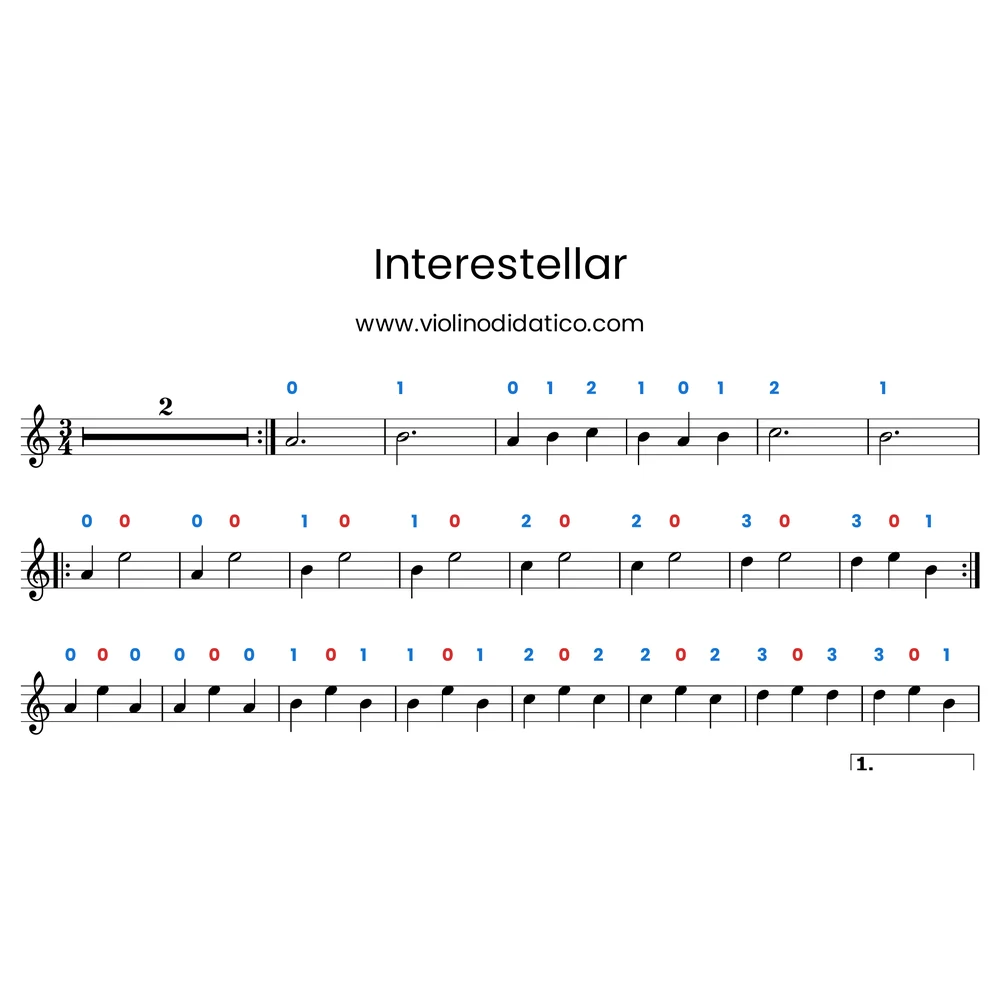 Primeiras linhas de Interstellar com o dedilhado colorido