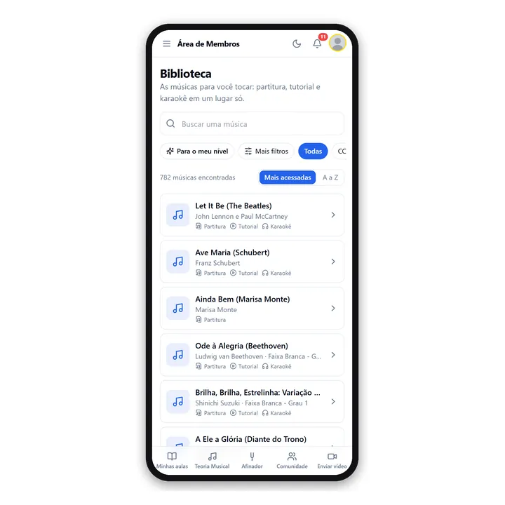 A lista de músicas da Biblioteca no celular