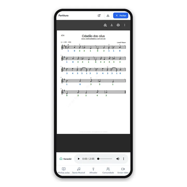 Uma partitura com dedilhado e o karaokê tocando junto